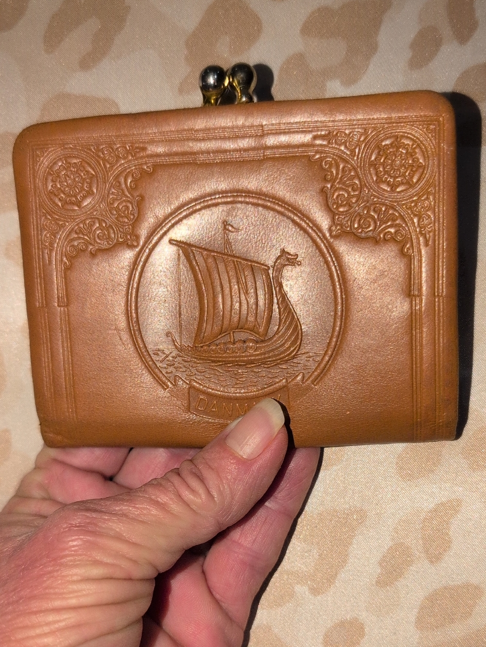Danish Leather Clasp Coin Purse with Viking Ship Motif  -Vintage